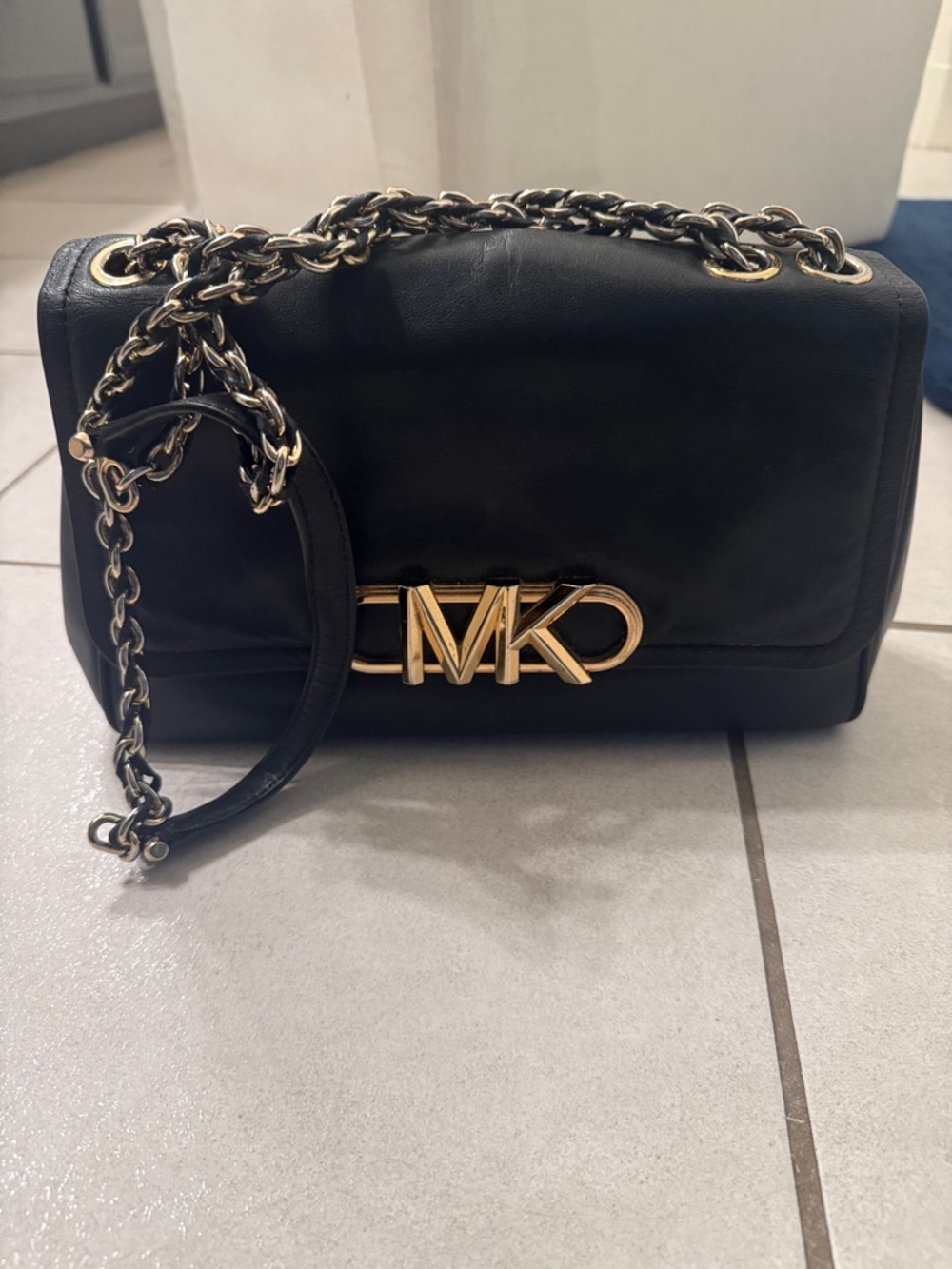 Michael Kors Black Leather Shoulder Bag with Gold MK Logo